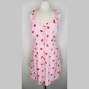 SHEIN CURVE Strawberry Mini Dress Sz 1X Frills Strappy Lace Up Light Pink Ruffle